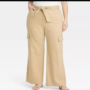 Ava & Viv Womens Plus High Rise Regular Fit Wide-Leg Cargo Pants, Tan, 18